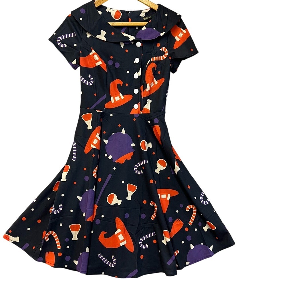 Wedtrend Halloween Witch Hat Print Dress Womens XS Black Retro Rockabilly Flare